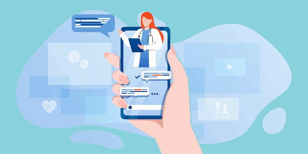 AdobeStock_306147684 illustation of a hand holding a phone with a doctor and some conversation