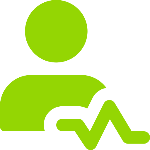 green person silhouette with heart monitor line below icon